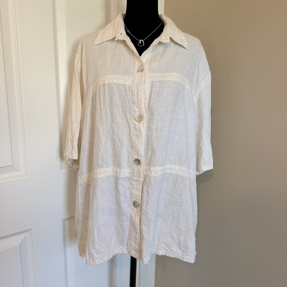 VTG 100% Linen Short Sleeve Opal Colored Buttons Down Shirt (XL) boho coastal